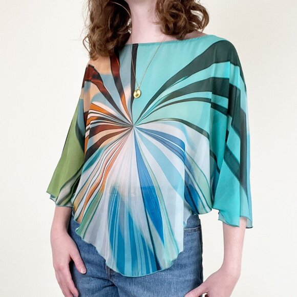 Vintage Silk Rainbow Blouse Sheer Boho Hippie Disco Print Coastal Festival Top - Picture 1 of 6